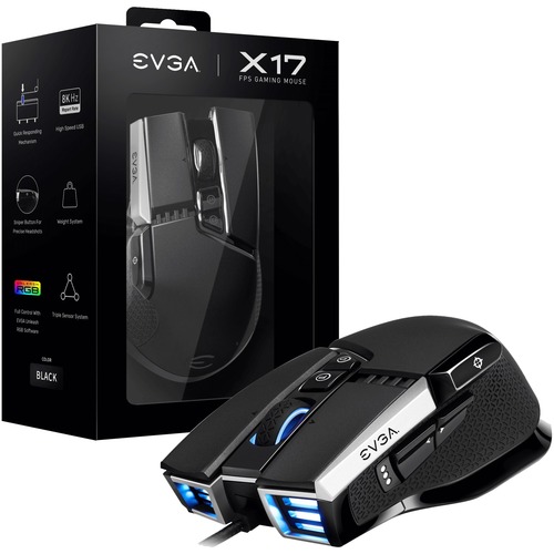 EVGA X17 Wired Customizable Gaming Mouse   USB Cable Interface   16000 Dpi Movement Resolution   10 Total Buttons   5 Customizable On Board Profiles   50 Million Clicks Lifecycle 300/500