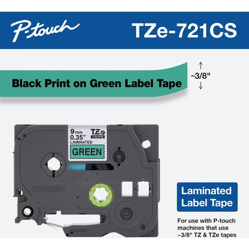 Brother TZe 721CS, 0.35" X 26.2', Black On Green Laminated Label Tape 300/500