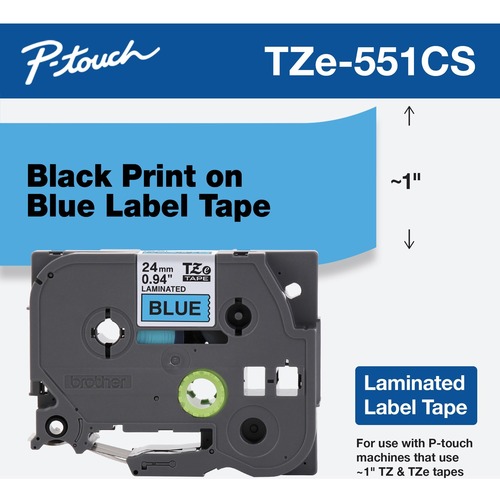 Brother TZe 551CS, 0.94" X 26.2', Black On Blue Laminated Label Tape 300/500