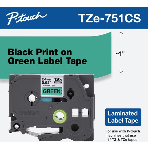 Brother TZe 751CS, 0.94" X 26.2', Black On Green Laminated Label Tape 300/500