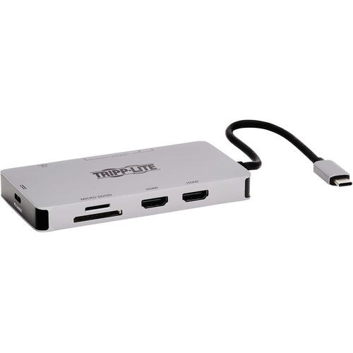 Tripp Lite By Eaton USB C Dock, Dual Display   4K 60 Hz HDMI, USB 3.x (5Gbps) Hub Ports, GbE, Memory Card, 100W PD Charging, Gray 300/500