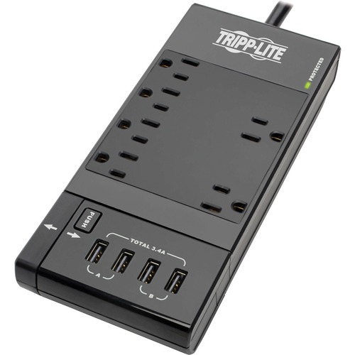 Tripp Lite By Eaton Safe IT 6 Outlet Surge Protector, Retractable USB Charger, 5 15R Outlets, 4 USB Charging Ports, 8 Ft. (2.4 M) Cord, Antimicrobial Protection 300/500