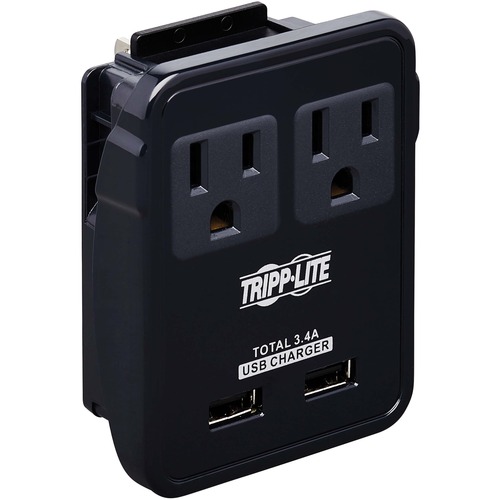 Tripp Lite By Eaton Safe IT 2 Outlet Universal Travel Charger   5 15R Outlets, 2 USB Ports, Direct Plug In With 5 Plug Options, Antimicrobial Protection 300/500