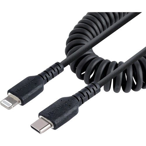 StarTech.com 50cm / 20in USB C To Lightning Cable, MFi Certified, Coiled IPhone Charger Cable, Black, TPE Jacket Aramid Fiber 300/500