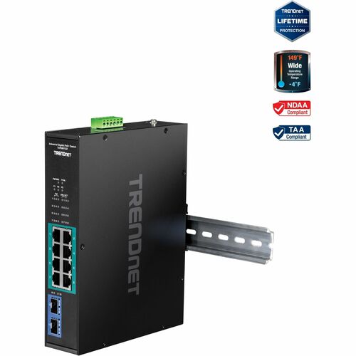 TRENDnet 10 Port Industrial Gigabit PoE+ Switch, WideTemperature Range  20&deg;   65&deg;C ( 4&deg;   149&deg;F), DIN Rail Switch, 50 55V DC, 8 X Gigabit PoE+ Ports, 2 X Gigabit SFP Slots, TI PGM102, Black 300/500