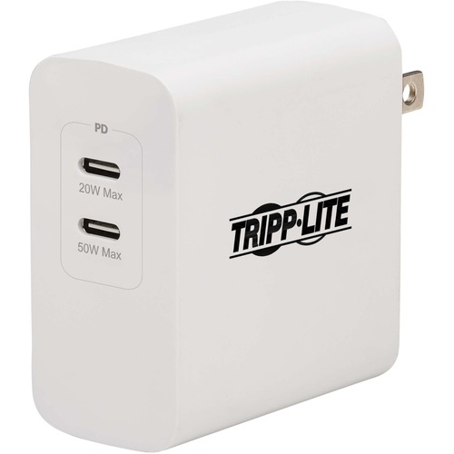 Tripp Lite By Eaton Dual Port Compact USB C Wall Charger   GaN Technology, 70W PD Charging (50W+20W Or 65W Max), White 300/500