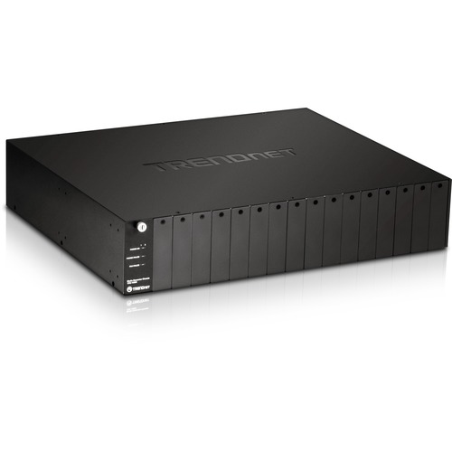 TRENDnet 16 Bay Fiber Converter Chassis System; Hot Swappable; Housing For Up To 16 TFC Series Media Converters; Fast Ethernet RJ45; RS 232; SNMP Management Module; Lifetime Protection; TFC 1600 300/500
