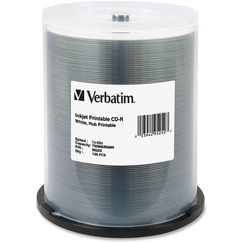 Verbatim CD R 700MB 52X White Inkjet Hub Printable Recordable Media Disc   100pk Spindle 300/500