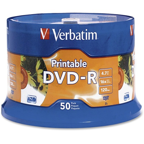 Verbatim DVD R 4.7GB 16X White Inkjet Printable With Branded Hub   50pk Spindle 300/500