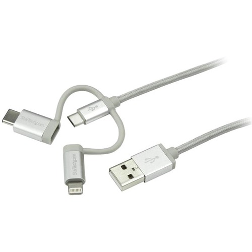 StarTech.com 1m USB Multi Charging Cable - Braided - Apple MFi Certified - USB 2.0 - Charge 1x device at a time - For USB-C or Lightning devices attach the corresponding connector of the cable to the Micro-USB connector and plug into your device -...