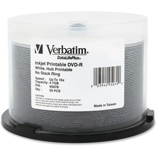 Verbatim DVD-R Blank Discs 4.7GB 16X DataLifePlus White Inkjet Printable Recordable Disc Hub Printable - 50pk Spindle 95079