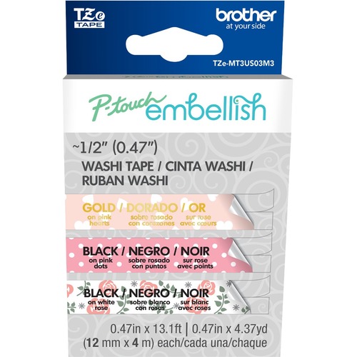 Brother 3-Pack Pink Washi Tape Assortment TZeMT3US03M3 ~????? Wide x 13.1??? Long for use with P-touch Embellish Ribbon & Tape Printer, Multi 3 Piece