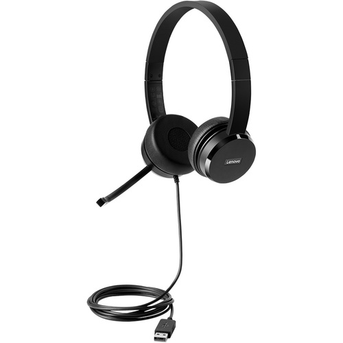 Lenovo 100 USB Headset - Plug and Play with USB-A - Rotatable Boom Microphone for either right- or left-side wearing - Leather and Memory-form earcups for all-day comfort