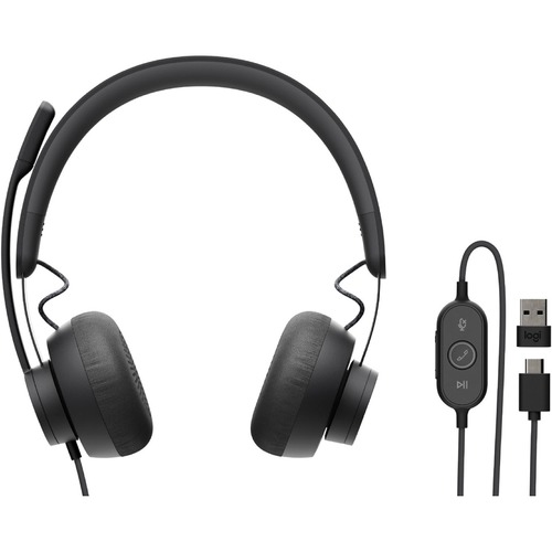 Logitech Zone 750 Wired On-Ear Headset with advanced noise-canceling microphone, simple USB-C and included USB-A adapter, plug-and-play compatibility for all devices