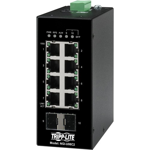 Tripp Lite by Eaton 8-Port Unmanaged Industrial Gigabit Ethernet Switch 10/100/1000 Mbps 2 GbE SFP Slots -40?&deg; to 75?&deg;C DIN Mount - TAA Compliant