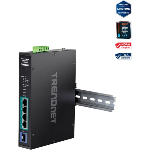 TRENDnet 5-Port Industrial Gigabit PoE+ Switch, Wide Temperature Range -20&deg; - 65&deg;C (-4&deg; - 149&deg;F), DIN-Rail Switch, 50-55V DC, 4 x Gigabit PoE+ Ports, 1 x Gigabit SFP Slot, TI-PGM541, Black