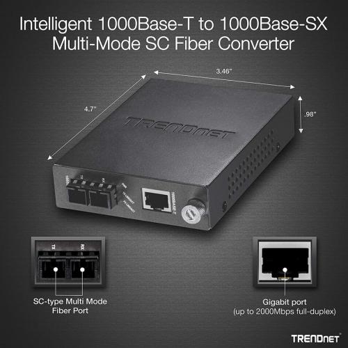TRENDnet Intelligent 1000Base T To 1000Base SX Multi Mode SC Fiber Media Converter, Up To 550M (1800 Ft), Fiber To Ethernet Converter, 2Gbps Switching Capacity, Lifetime Protection, Black, TFC 1000MSC Alternate-Image1/500