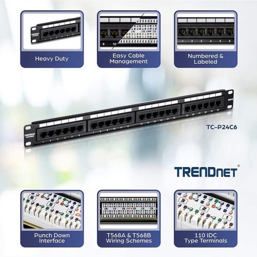 TRENDnet 24 Port Cat6 Unshielded Patch Panel, Wallmount Or Rackmount, Compatible With Cat3,4,5,5e,6 Cabling, For Ethernet, Fast Ethernet, Gigabit Applications, Black, TC P24C6 Alternate-Image1/500