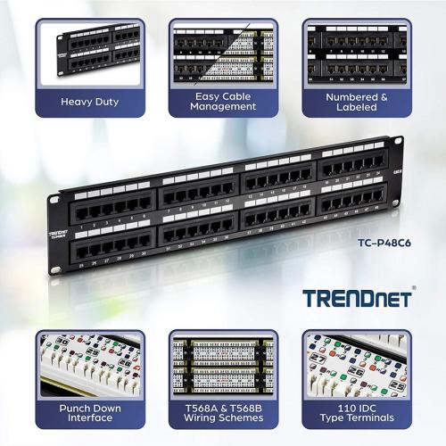 TRENDnet 48 Port Cat6 Unshielded Patch Panel, Wallmount Or Rackmount, Compatible With Cat3,4,5,5e,6 Cabling, For Ethernet, Fast Ethernet, Gigabit Applications, Black, TC P48C6 Alternate-Image1/500