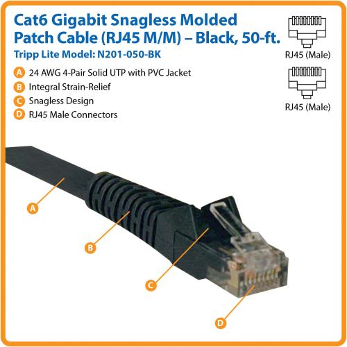 Eaton Tripp Lite Series Cat6 Gigabit Snagless Molded (UTP) Ethernet Cable (RJ45 M/M), PoE, Black, 50 Ft. (15.24 M) Alternate-Image1/500