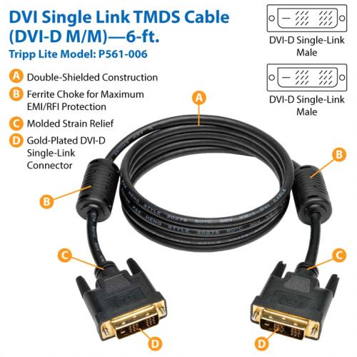 Eaton Tripp Lite Series DVI Single Link Cable, Digital TMDS Monitor Cable (DVI D M/M), 6 Ft. (1.83 M) Alternate-Image1/500