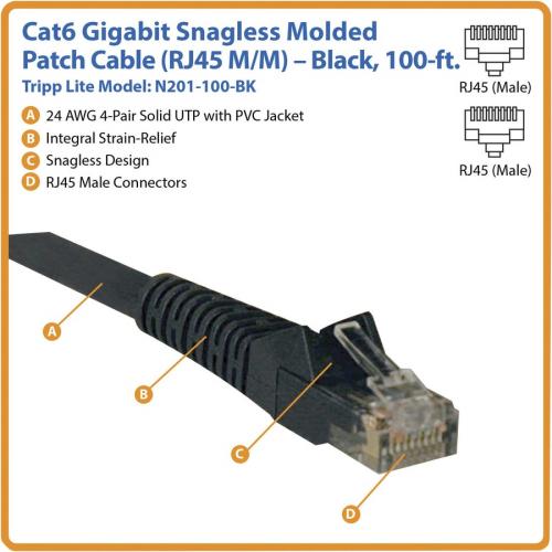 Eaton Tripp Lite Series Cat6 Gigabit Snagless Molded (UTP) Ethernet Cable (RJ45 M/M), PoE, Black, 100 Ft. (30.5 M) Alternate-Image1/500