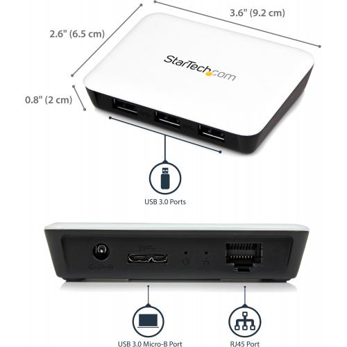 StarTech.com USB 3.0 To Gigabit Ethernet NIC Network Adapter With 3 Port Hub   White Alternate-Image1/500