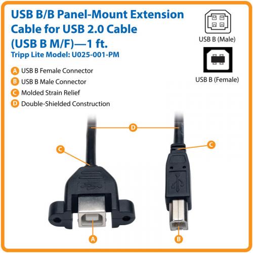 Tripp Lite By Eaton USB 2.0 Panel Mount Extension Cable (B To Panel Mount B M/F), 1 Ft. (0.31 M) Alternate-Image1/500
