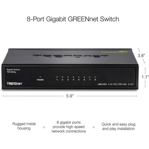 TRENDnet 8 Port Gigabit GREENnet Switch, Ethernet Network Switch, TEG S82G, 8 X 10 100 1000 Mbps Gigabit Ethernet Ports, Ethernet Splitter, 16 Gbps, Metal, Lifetime Protection, Black Alternate-Image1/500