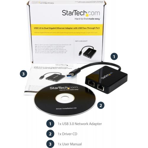 StarTech.com USB 3.0 To Dual Port Gigabit Ethernet Adapter NIC W/ USB Port Alternate-Image1/500