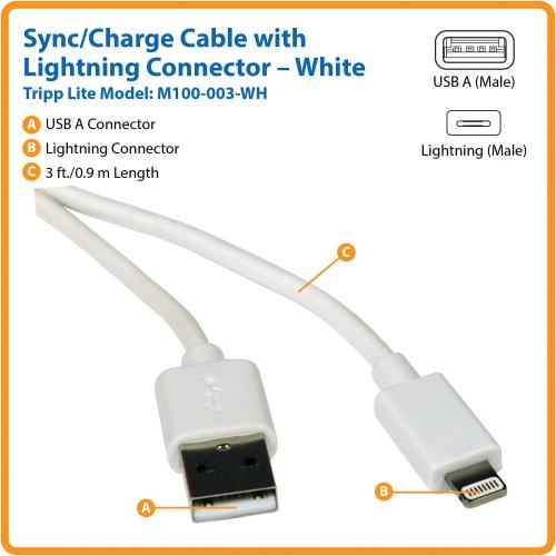 Eaton Tripp Lite Series USB A To Lightning Sync/Charge Cable (M/M)   MFi Certified, White, 3 Ft. (0.9 M) Alternate-Image1/500