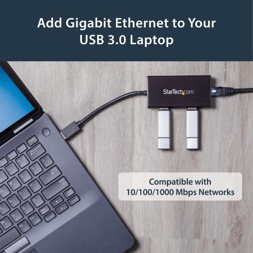 StarTech.com 3 Port Portable USB 3.0 Hub With Gigabit Ethernet Adapter NIC   5Gbps   Aluminum W/ Cable Alternate-Image1/500