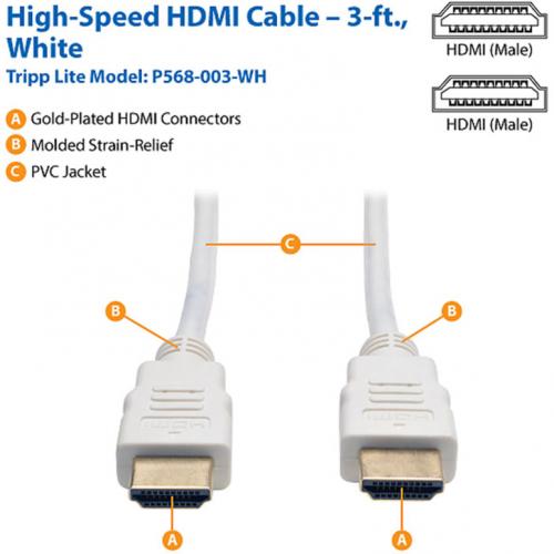 Tripp Lite 3ft High Speed HDMI Cable Digital Video With Audio 4K X 2K M/M White 3' Alternate-Image1/500