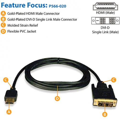 Eaton Tripp Lite Series HDMI To DVI Adapter Cable (M/M), 20 Ft. (6.1 M) Alternate-Image1/500