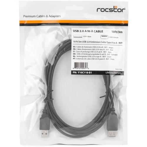Rocstor Premier 10 Ft USB 2.0 Extension Cable A To A   M/F   Type A Male USB   Type A Female USB   10Ft   Black Extender Cable Alternate-Image1/500