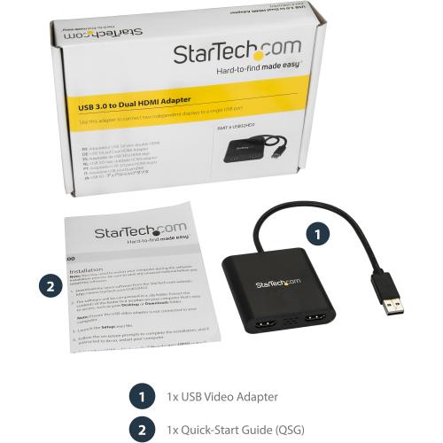 StarTech.com USB 3.0 To Dual HDMI Adapter, 1x 4K & 1x 1080p, External Graphics Card, USB Type A Dual Monitor Display Adapter, Windows Only Alternate-Image1/500