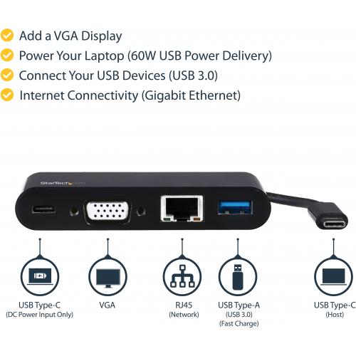 StarTech.com USB C Multiport Adapter   Mini USB C Dock W/ VGA Video   60W Power Delivery Passthrough   USB Type A 5Gbps   Gigabit Ethernet Alternate-Image1/500