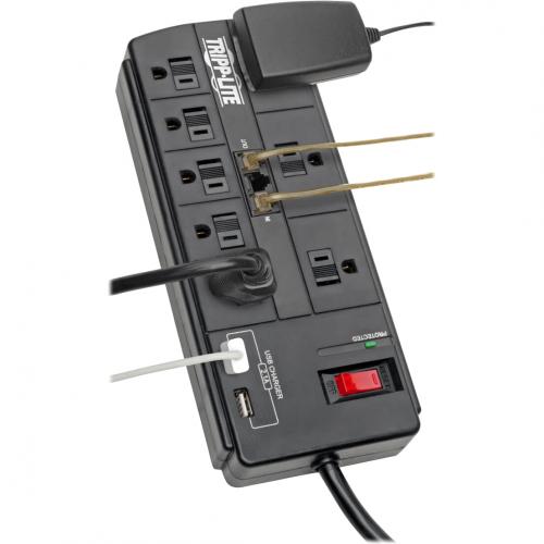Eaton Tripp Lite Series 8 Outlet Surge Protector With 2 USB Ports (2.1A Shared)   8 Ft. (2.43 M) Cord, 1200 Joules, Tel/Modem, Black Alternate-Image1/500