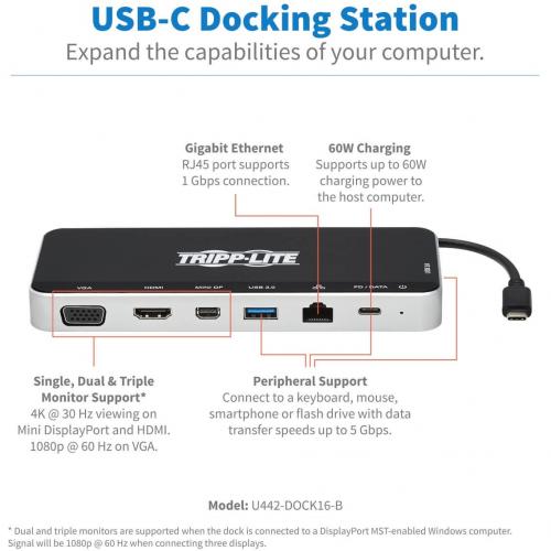 Tripp Lite By Eaton USB Dock, Triple Display   4K HDMI & MDP, VGA, USB 3.x (5Gbps), USB A/C Hub, GbE, 60W PD Charging Alternate-Image1/500