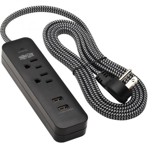 Tripp Lite By Eaton 2 Outlet Surge Protector With 2 USB Ports (2.1A Shared)   6 Ft. Cord, 5 15P Plug, 450 Joules, Black Alternate-Image1/500