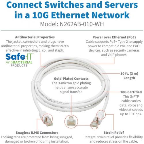 Eaton Tripp Lite Series Safe IT Cat6a 10G Snagless Antibacterial S/FTP Ethernet Cable (RJ45 M/M), PoE, White, 10 Ft. (3.05 M) Alternate-Image1/500