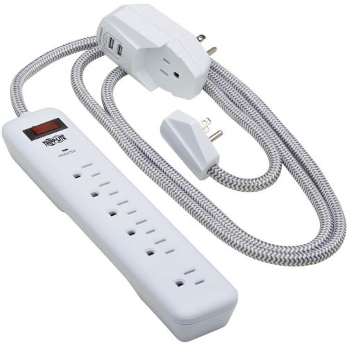 Tripp Lite By Eaton 7 Outlet Surge Protector   6 On Strip/1 In Detachable Plug, 2 USB Ports (2.4A Shared), Detachable Charger Plug, 6 Ft. Cord, 5 15P Plug, 900 Joules, White Alternate-Image1/500