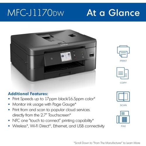 Brother MFC MFC J1170DW Inkjet Multifunction Printer Color Copier/Fax/Scanner 17 Ppm Mono/16.5 Ppm Color Print 6000x1200 Dpi Print Automatic Duplex Print 150 Sheets Input Color Flatbed Scanner 1200 Dpi Optical Scan Color Fax Wireless LAN Alternate-Image1/500