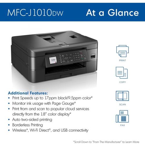 Brother MFC MFC J1010DW Inkjet Multifunction Printer Color Copier/Fax/Scanner 17 Ppm Mono/9.5 Ppm Color Print 6000x1200 Dpi Print Automatic Duplex Print 150 Sheets Input Color Flatbed Scanner 1200 Dpi Optical Scan Color Fax Wireless LAN Alternate-Image1/500