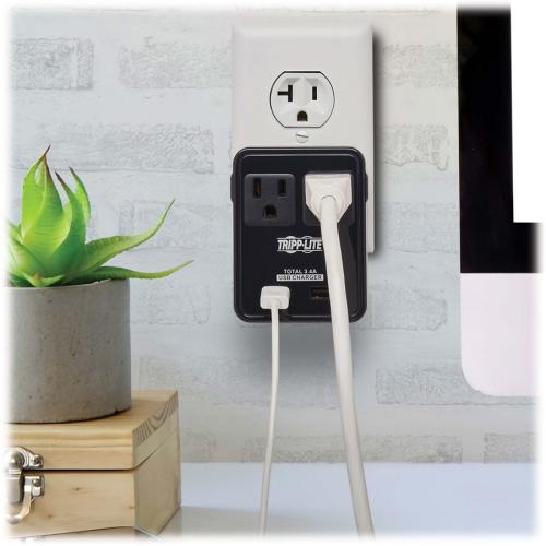 Tripp Lite By Eaton Safe IT 2 Outlet Universal Travel Charger   5 15R Outlets, 2 USB Ports, Direct Plug In With 5 Plug Options, Antimicrobial Protection Alternate-Image1/500