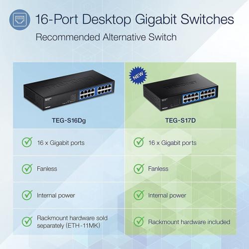 TRENDnet 16 Port Gigabit Desktop Switch, TEG S17D, 16 X Gigabit RJ 45 Ports, 32Gbps Switching Capacity, Fanless Design, Metal Enclosure, Internal Power Supply, Lifetime Protection, Black Alternate-Image1/500