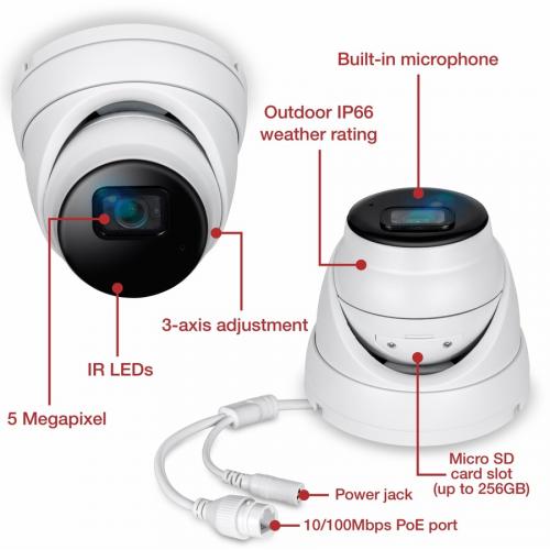 TRENDnet Indoor Outdoor 5MP H.265 PoE IR Fixed Turret Network Camera, IP66 Rated Housing, IR Night Vision Up To 30m (98 Ft.), Security Surveillance Camera, MicroSD Card Slot, White, TV IP1515PI Alternate-Image1/500