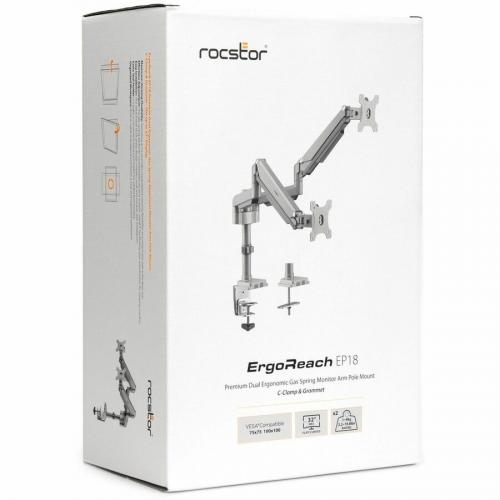Rocstor ErgoReach Mounting Arm For LED Display, LCD Display, Monitor   Silver   Landscape/Portrait Alternate-Image1/500