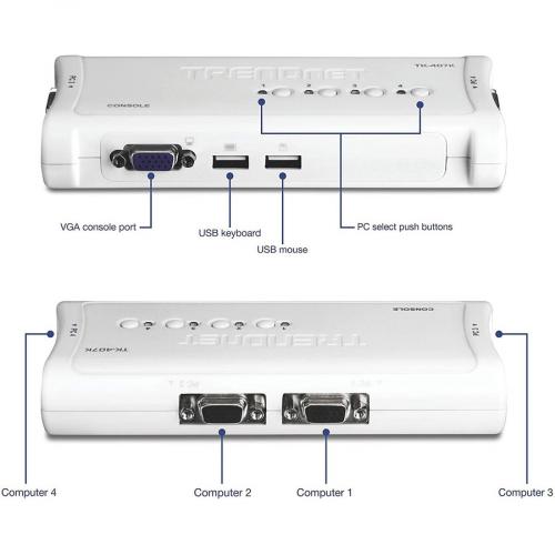 TRENDnet 4 Port USB KVM Switch Kit, VGA And USB Connections, 2048 X 1536 Resolution, Cabling Included, Control Up To 4 Computers, Compliant With Window, Linux, And Mac OS, TK 407K Alternate-Image2/500