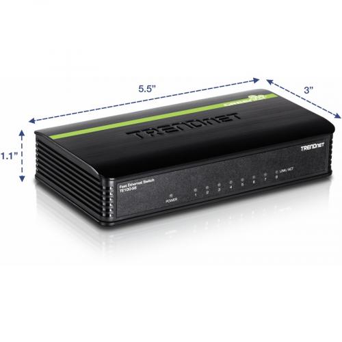 TRENDnet 8 Port Unmanaged 10/100 Mbps GREENnet Ethernet Desktop Switch; TE100 S8; 8 X 10/100 Mbps Ethernet Ports; 1.6 Gbps Switching Capacity; Plastic Housing; Network Ethernet Switch; Plug & Play Alternate-Image2/500